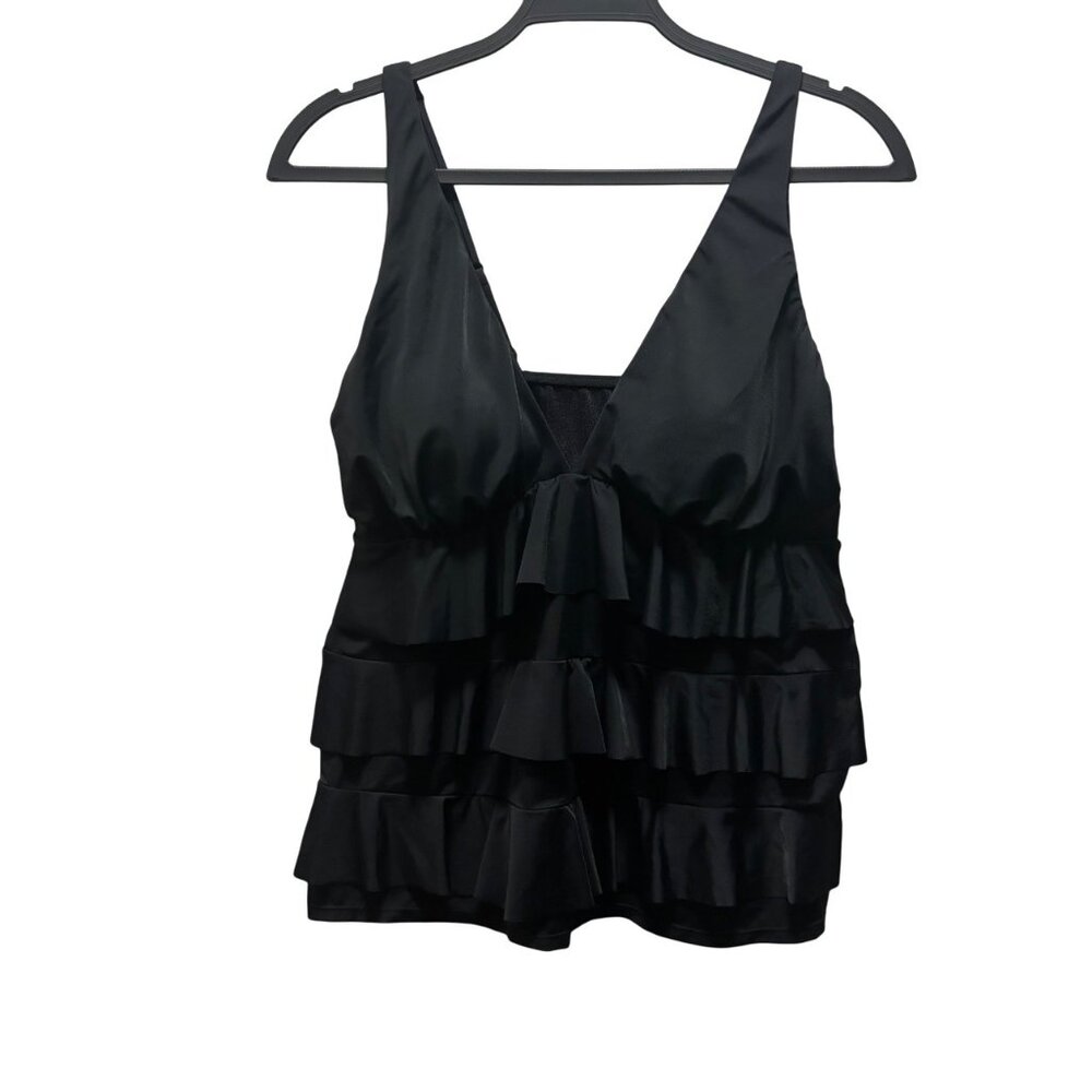 Dreamsuit By Miracle Brands Womens Black Tiered Ruffle Tankini Swim Top Size 14